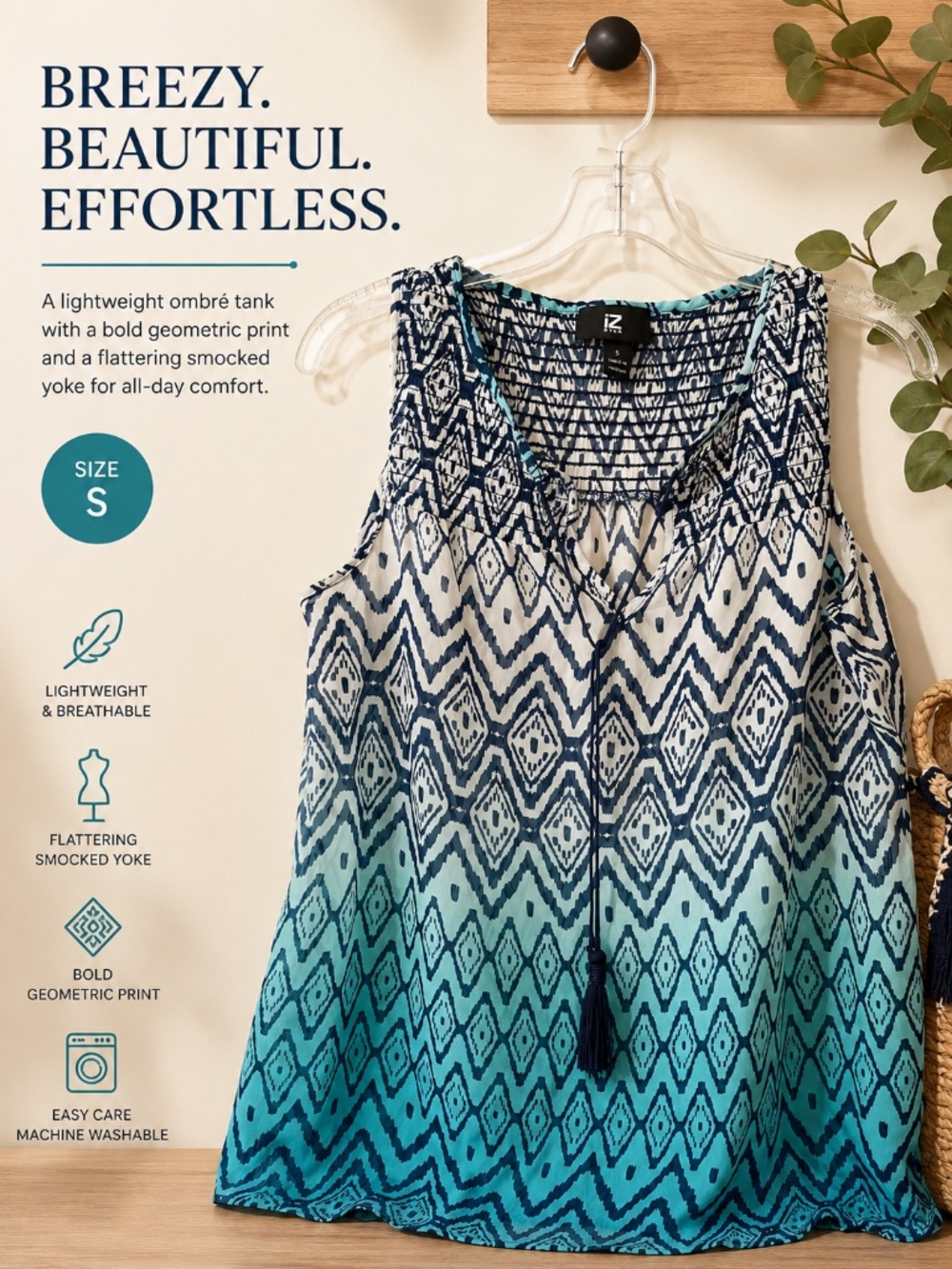 IZ Byer Ombre Geometric Sleeveless Blouse Size Small Blue Navy Tassel Top
